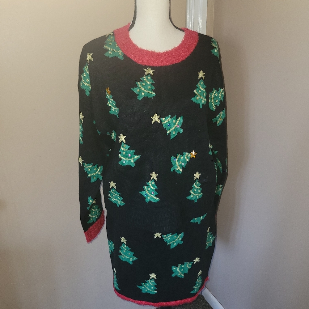 Festive Tree Patterned Sweater Skirt And Top - Black and Green